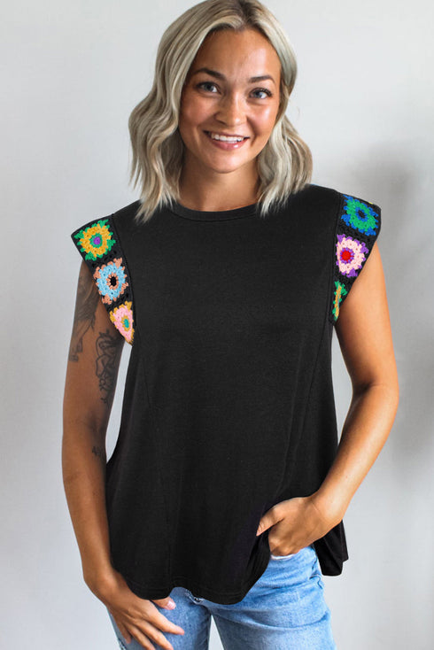 Black Floral Crochet Patched Sleeve Crew Neck Casual Tank Top